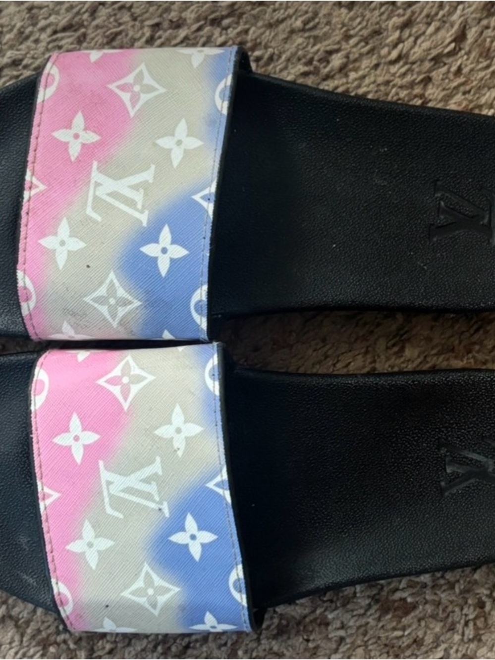 Louis Vuitton Pink, Blue & White Monogram Gradient Slide Sandals